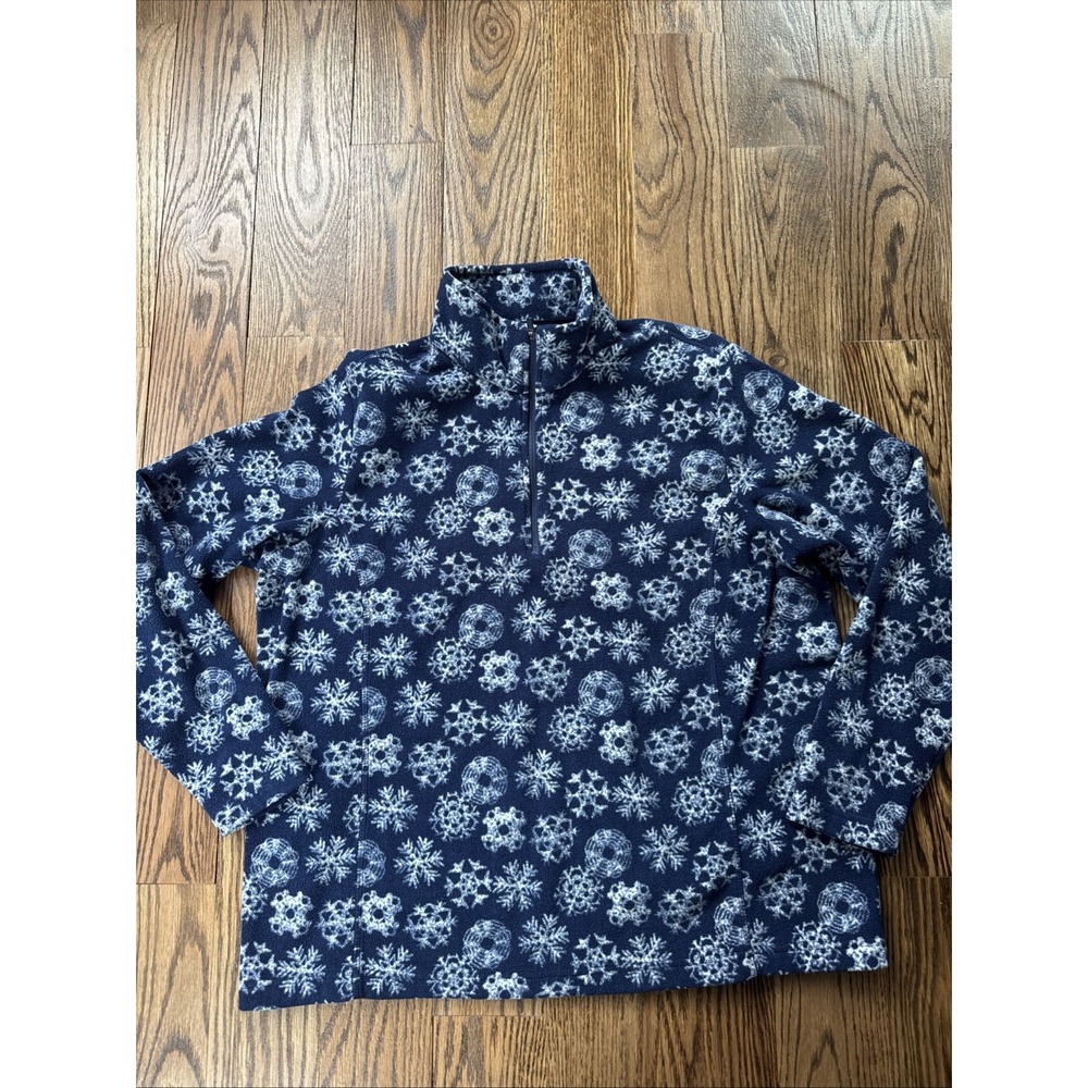 Lands' End Women's Large Petite Navy Snowflake Fleece 1/4 Zip Pullover